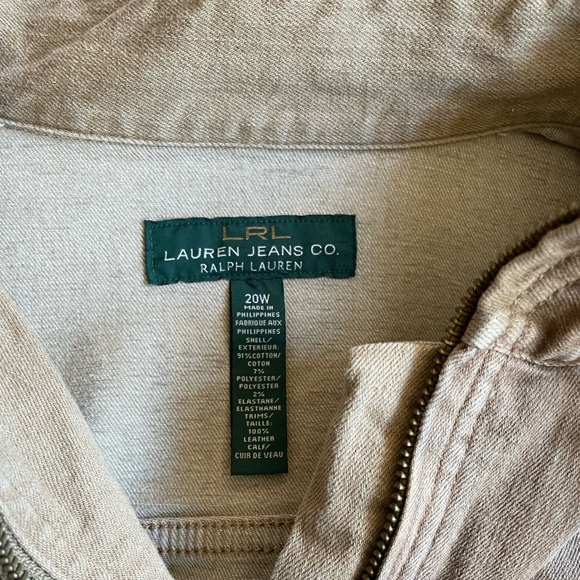 Lauren Jeans Co. Leather Trim Tan Denim Jacket, size 20W - Picture 7 of 10